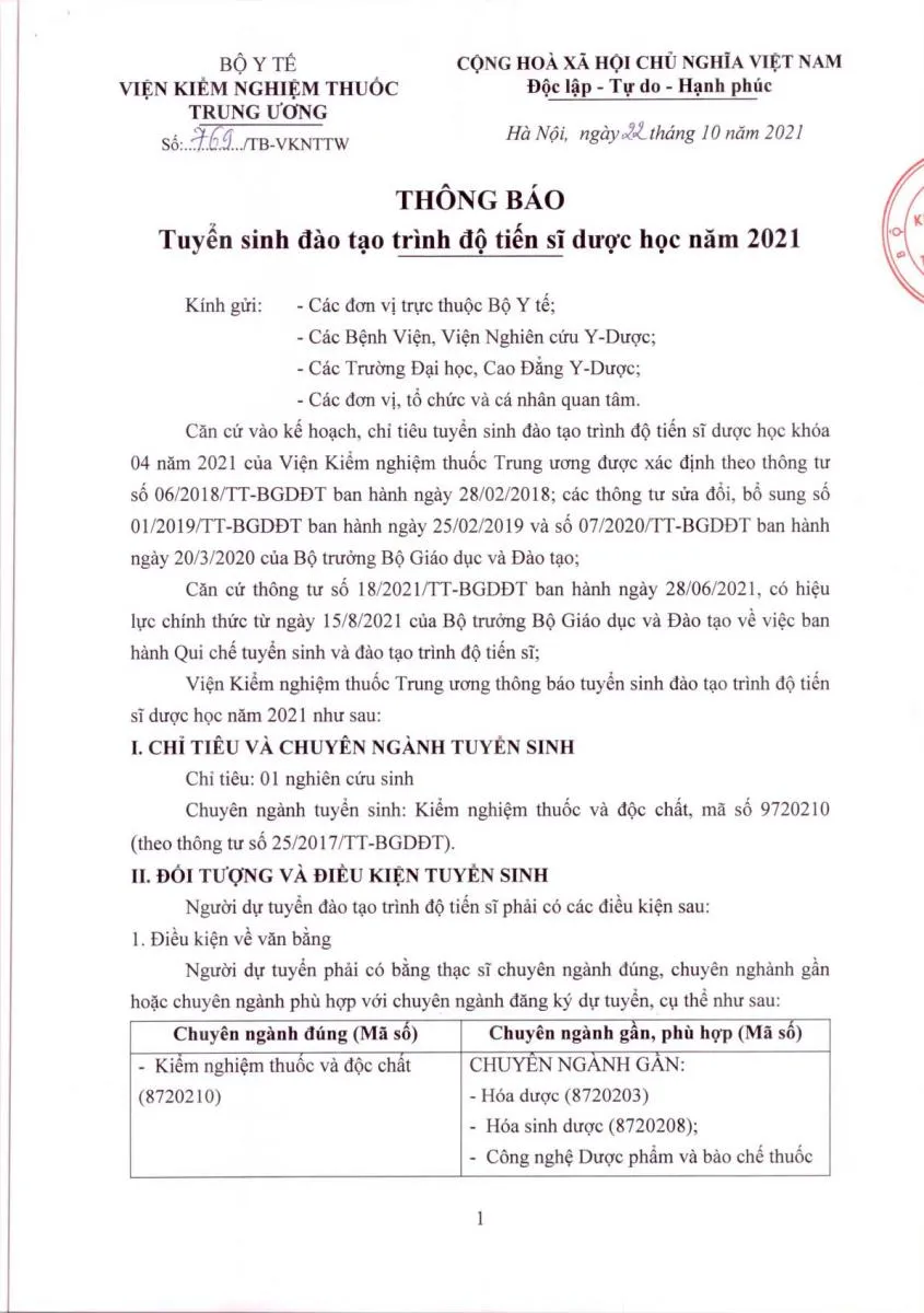 Thông báo: Tuyển sinh đào tạo trình độ tiến sỹ dược học năm 2021