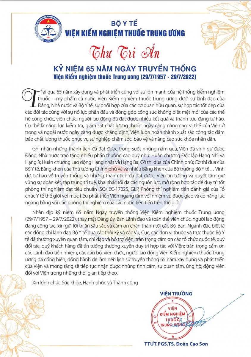 Thư tri ân Kỷ niệm 65 năm Ngày truyền thống Viện Kiểm nghiệm thuốc Trung ương