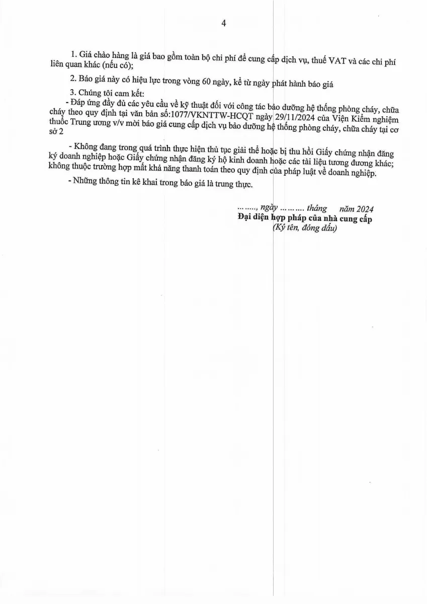 THÔNG BÁO: BÁO GIÁ DỊCH VỤ BẢO DƯỠNG HỆ THỐNG PHÒNG CHÁY CHỮA CHÁY
