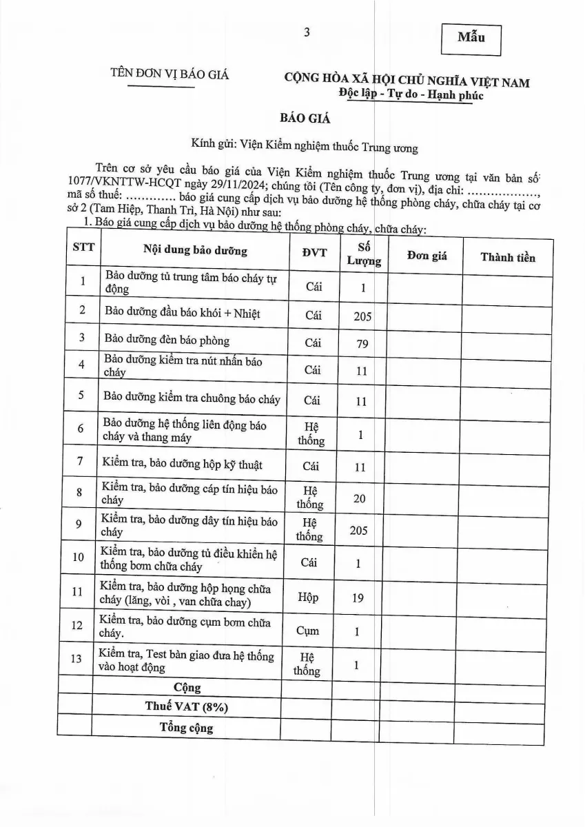 THÔNG BÁO: BÁO GIÁ DỊCH VỤ BẢO DƯỠNG HỆ THỐNG PHÒNG CHÁY CHỮA CHÁY