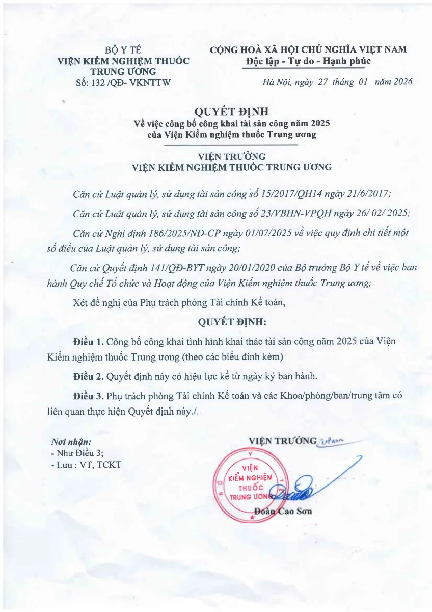 Công bố công khai tài sản công năm 2025 của Viện Kiểm nghiệm thuốc Trung ương